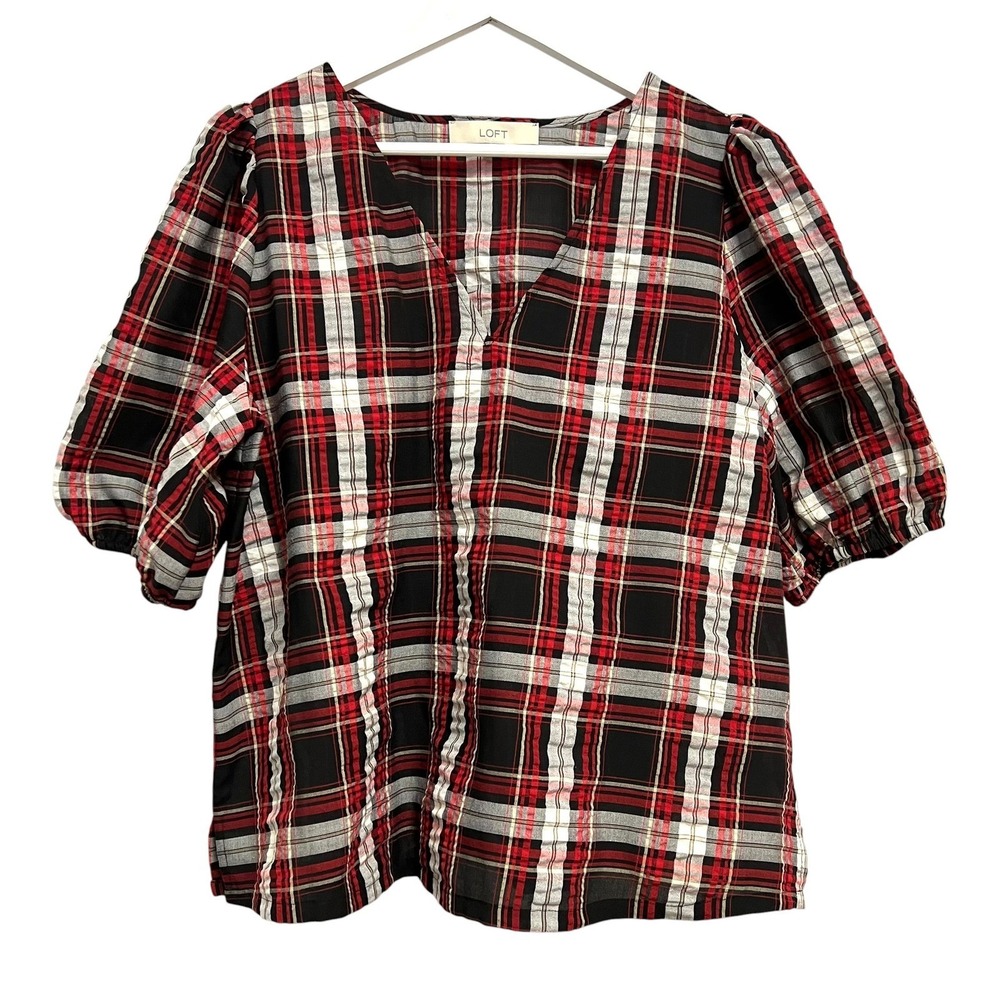 LOFT Plaid Top Women Large Red Black Puff Sleeve Split V-Neck Preppy Tartan
